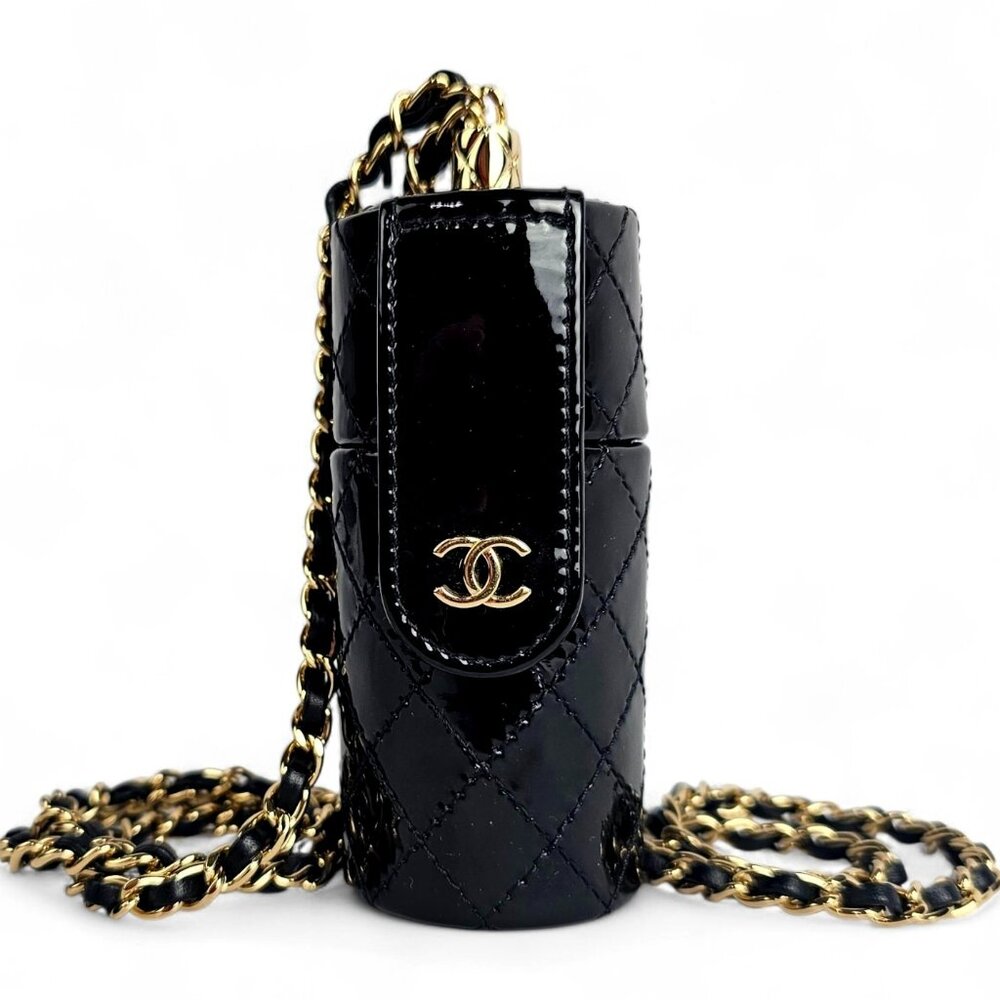 CHANEL Black Leather Lipstick Case Bag Chain Shoulder Necklace 2020 Strap CC